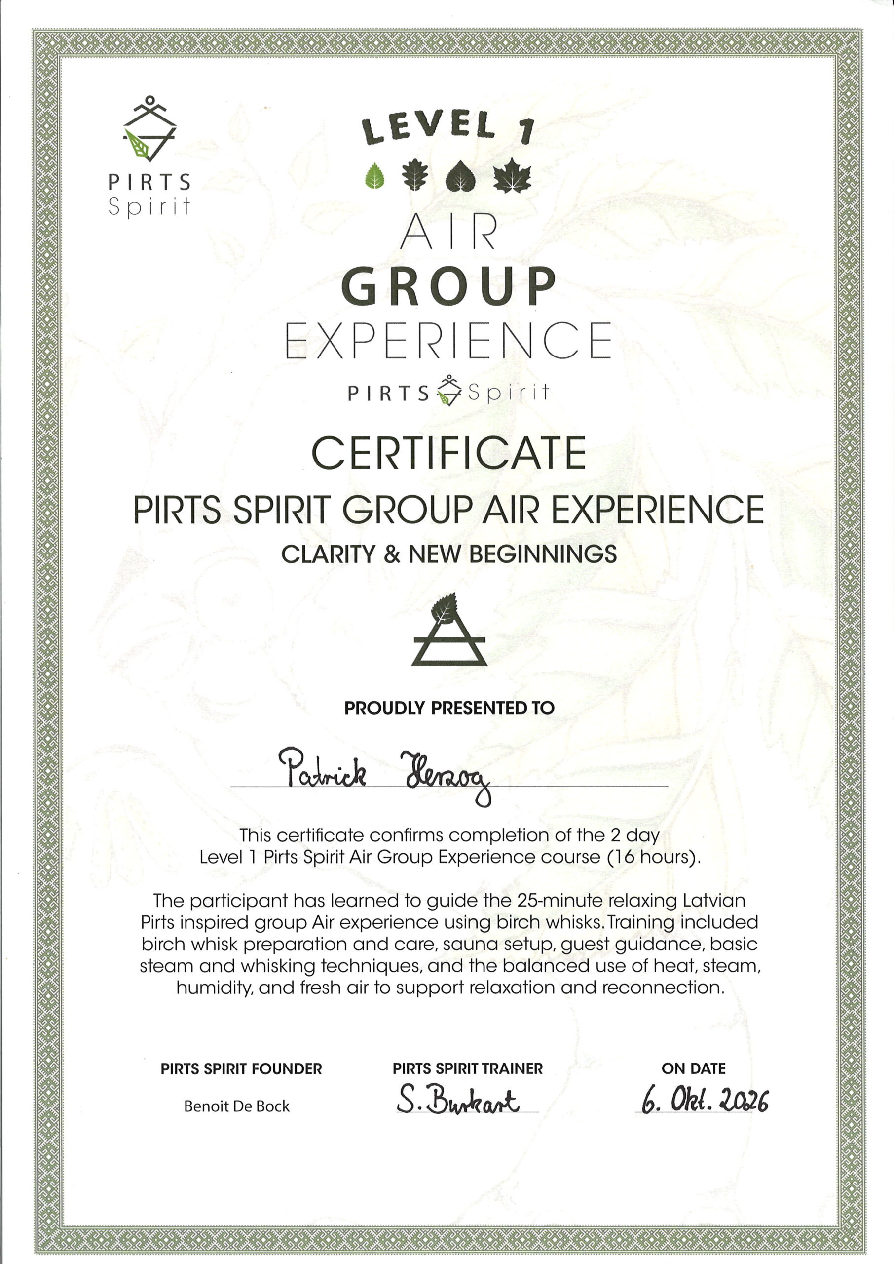 Pirts Spirit Zertifikat Level I – Air Group Experience für Patrick Herzog