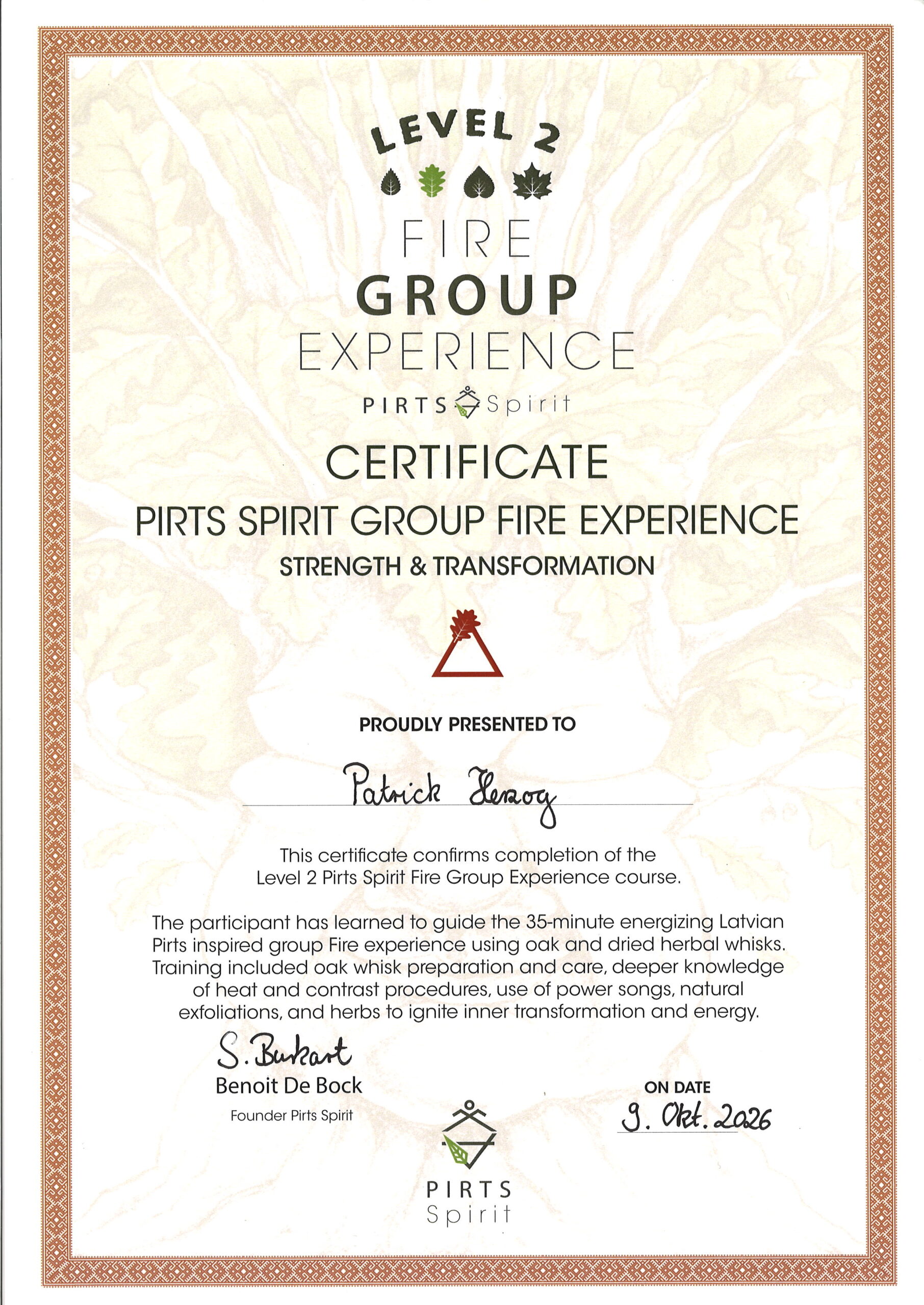 Pirts Spirit Zertifikat Level II – Fire Group Experience für Patrick Herzog
